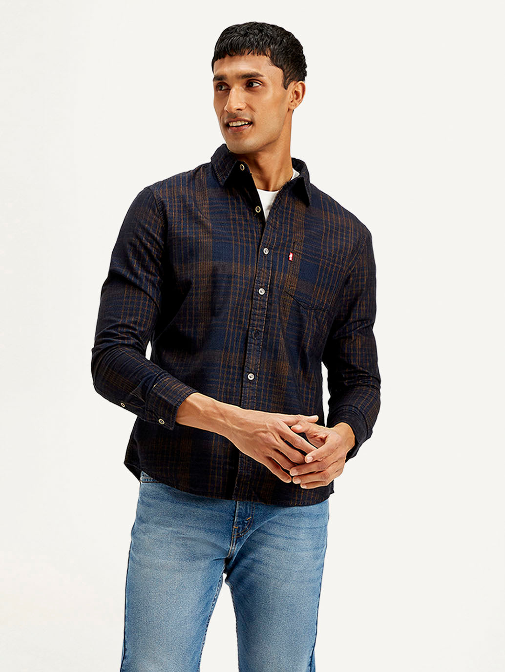 Men's Checkered Slim Fit Corduroy Shirt - Front View