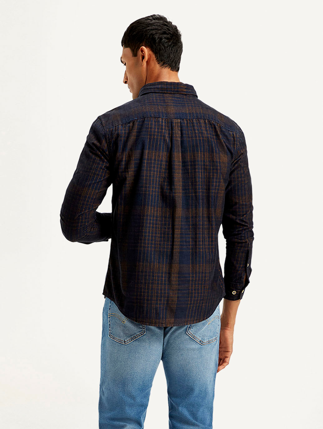 Men's Checkered Slim Fit Corduroy Shirt - Back View