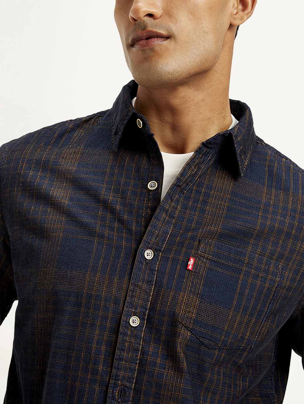 Men's Checkered Slim Fit Corduroy Shirt - Detail View