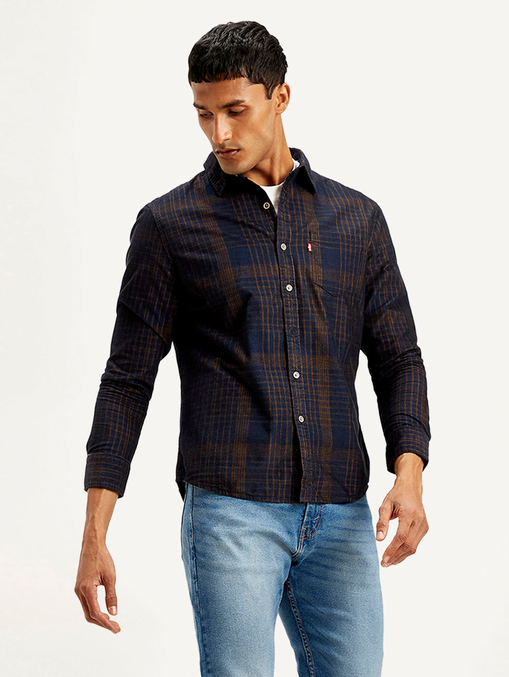 Men's Checkered Slim Fit Corduroy Shirt - Side View
