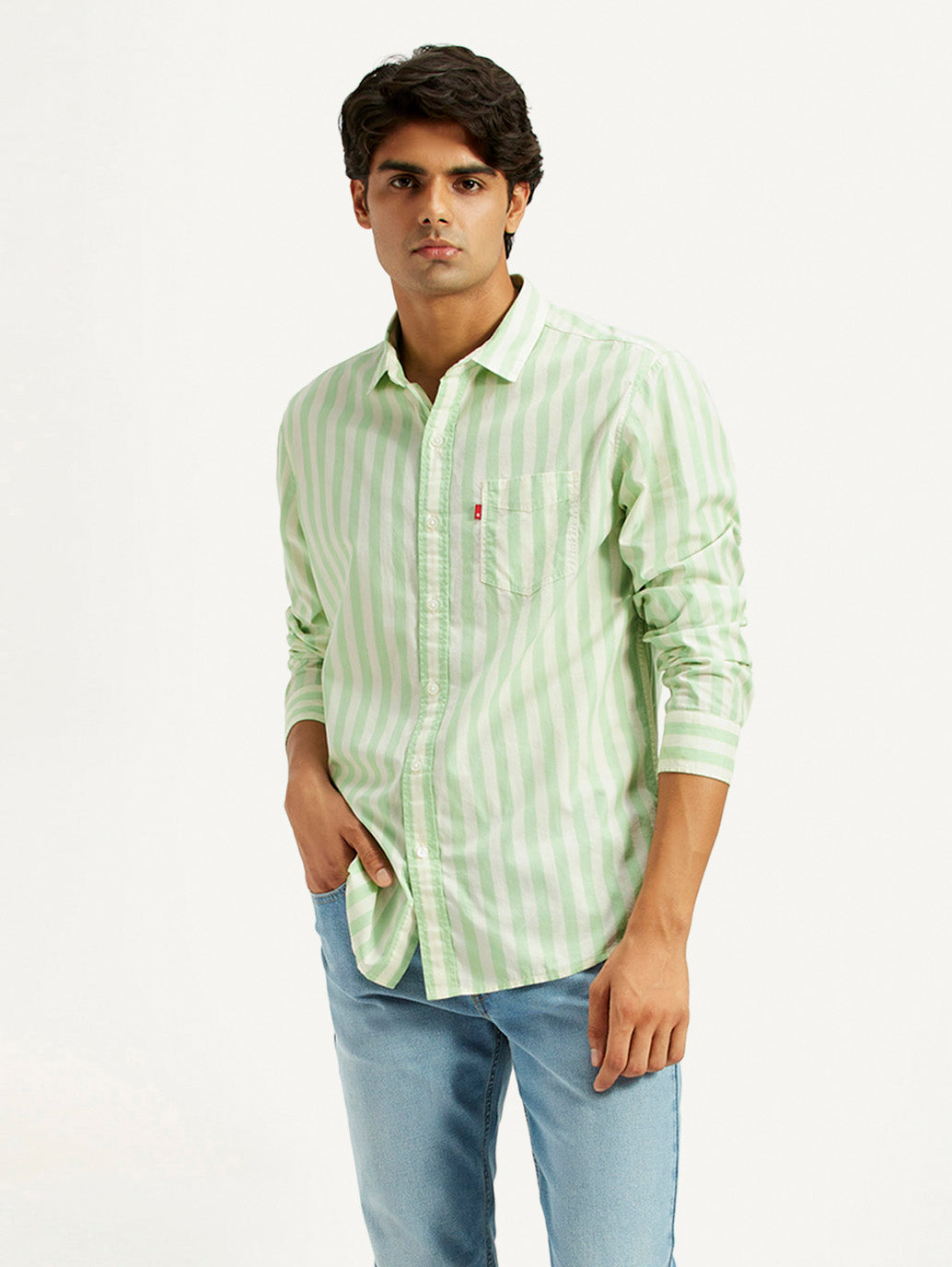 Men's Striped Light Green Slim Fit Shirt - Styleshot View