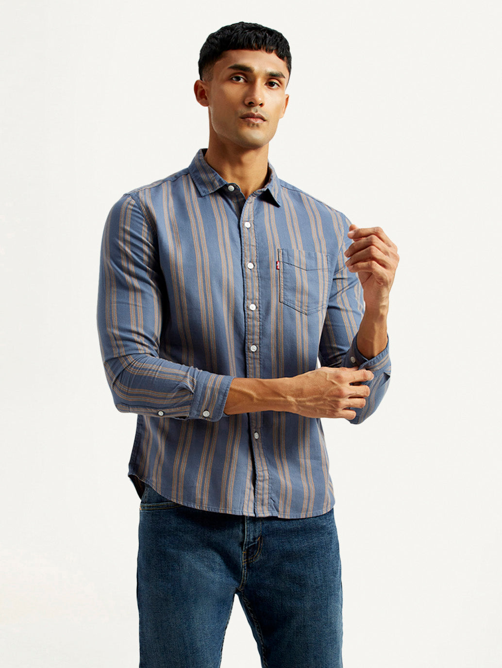 Men's Striped Blue Slim Fit Shirt - Front View