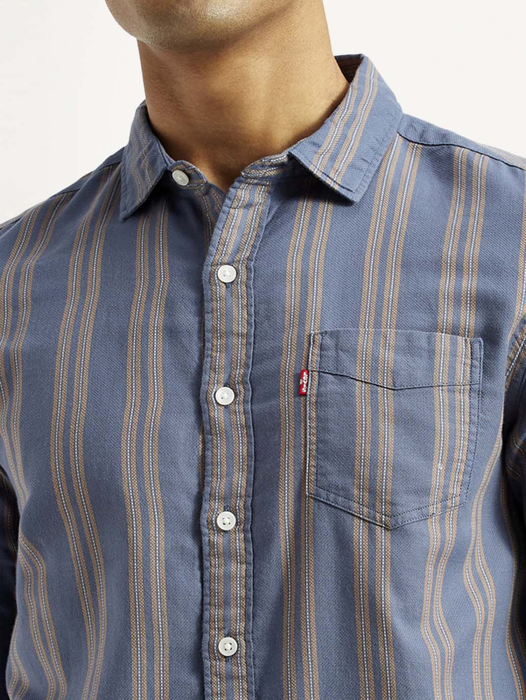Men's Striped Blue Slim Fit Shirt - Detail View
