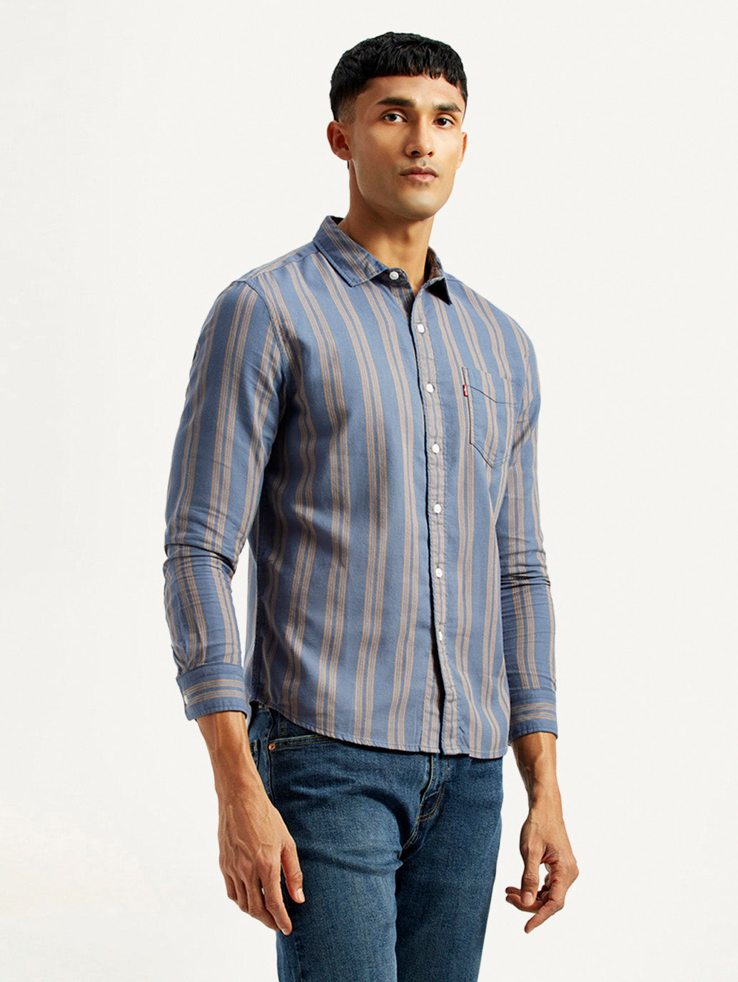 Men's Striped Blue Slim Fit Shirt - Side View