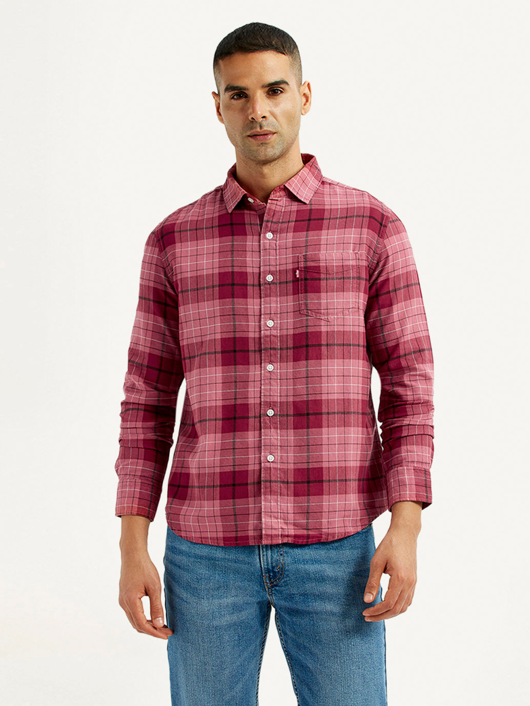 Men's Checkered Red Slim Fit Shirt - Front View