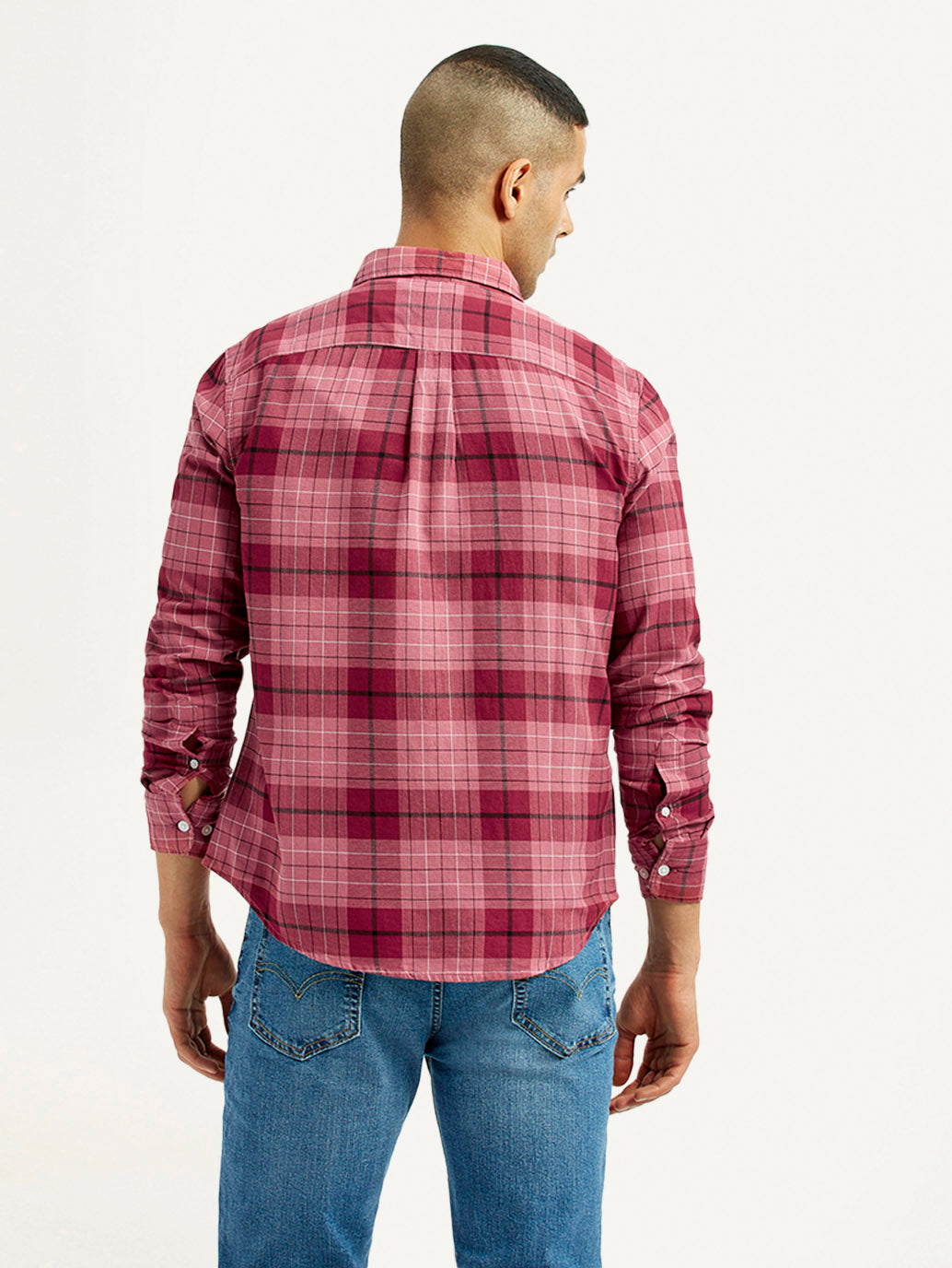 Men's Checkered Red Slim Fit Shirt - Back View