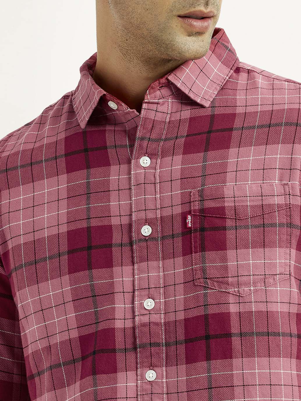 Men's Checkered Red Slim Fit Shirt - Detail View