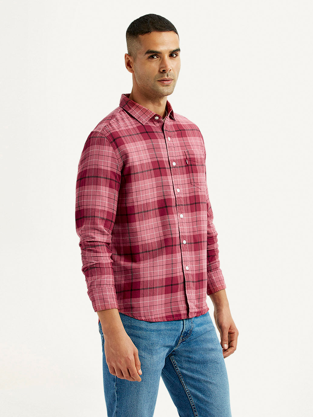 Men's Checkered Red Slim Fit Shirt - Side View