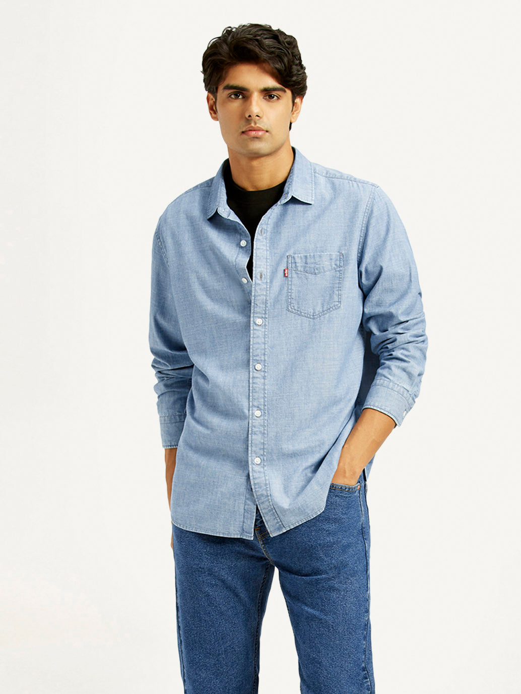 Men's Solid Light Blue Slim Fit Denim Shirt - Styleshot View