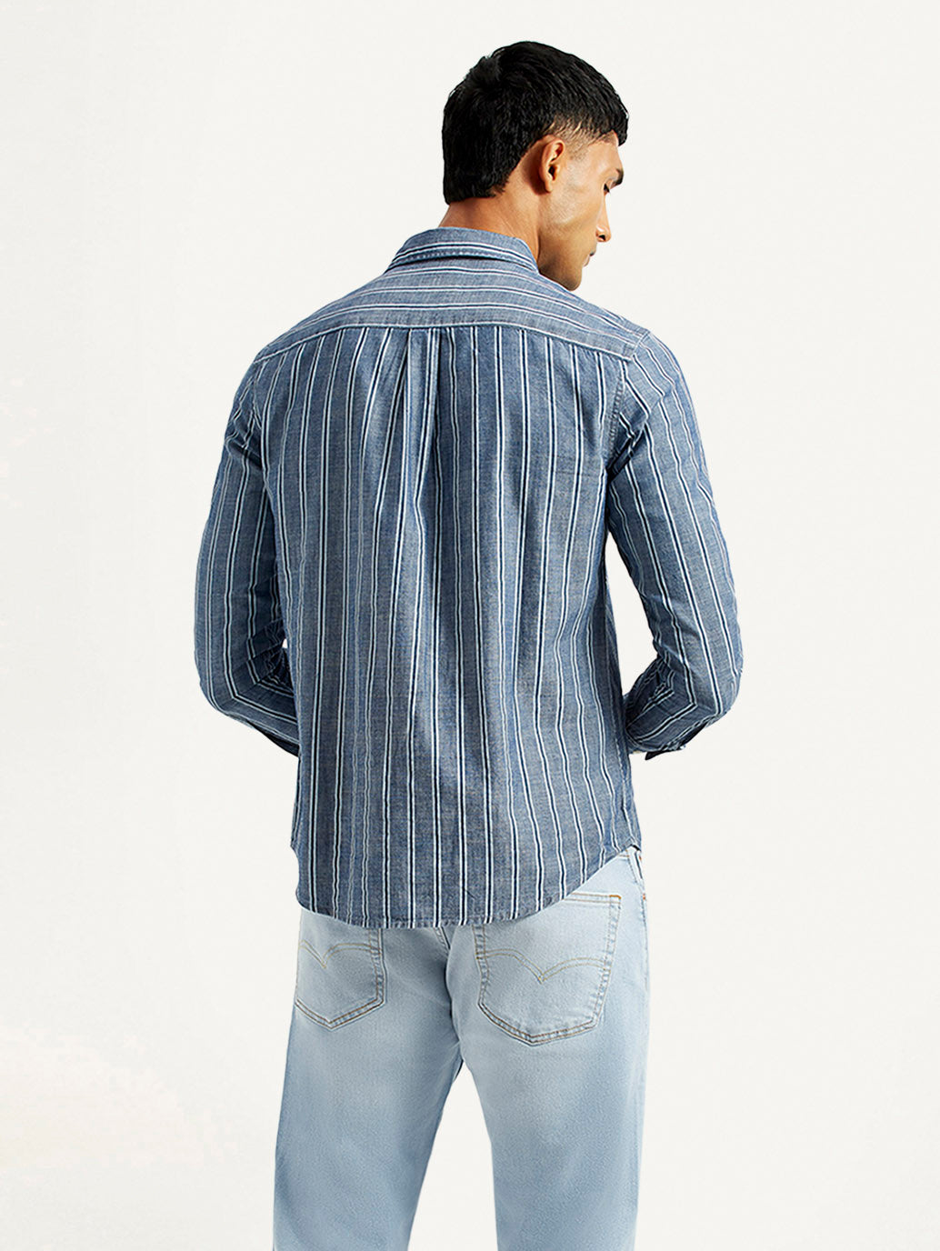 Men's Striped Blue Slim Fit Shirt - Back View