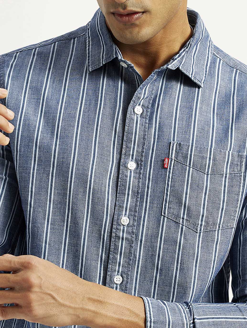 Men's Striped Blue Slim Fit Shirt - Detail View