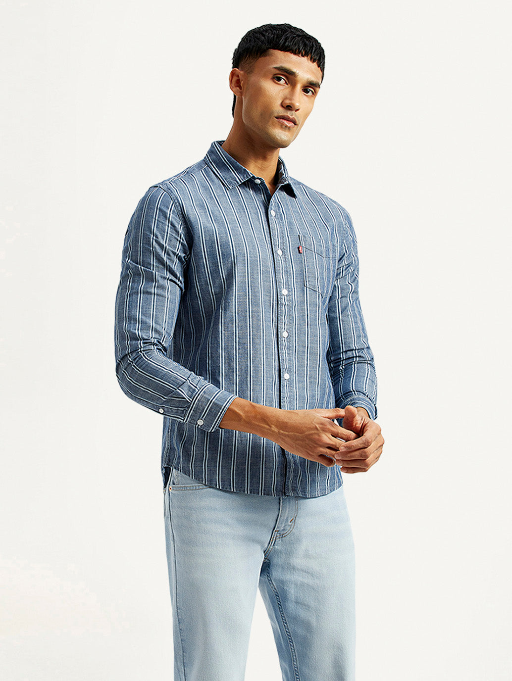 Men's Striped Blue Slim Fit Shirt - Side View