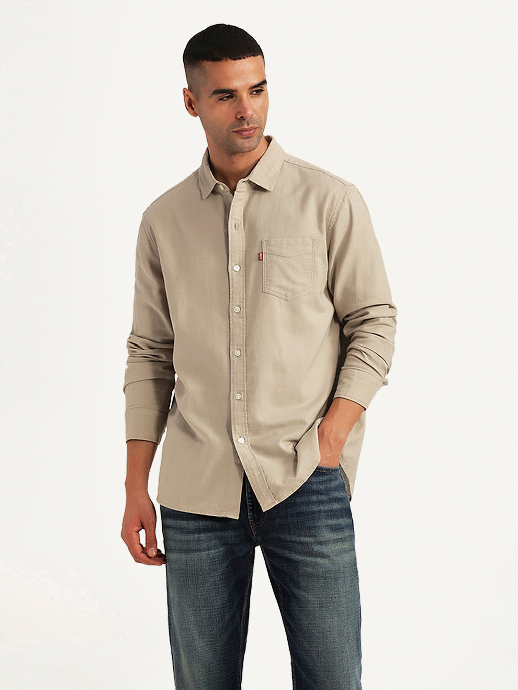 Men's Solid Beige Slim Fit Oxford Shirt - Styleshot View