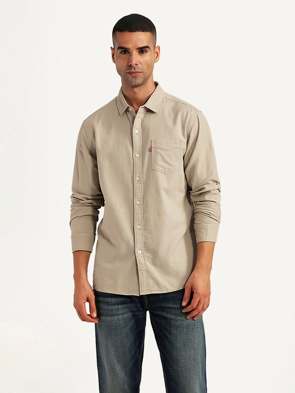 Men's Solid Beige Slim Fit Oxford Shirt - Front View