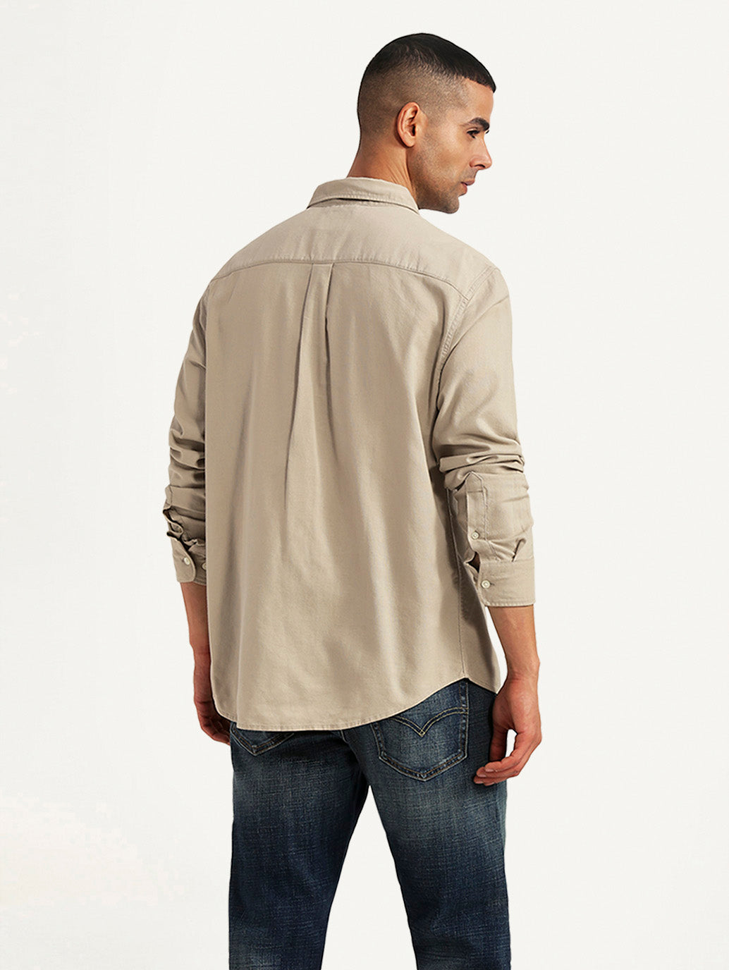 Men's Solid Beige Slim Fit Oxford Shirt - Back View