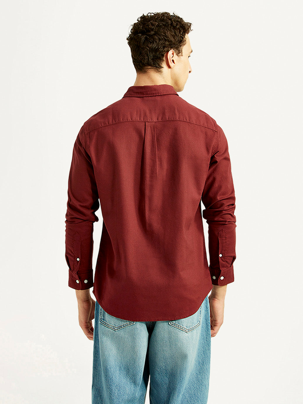 Men's Solid Maroon Slim Fit Oxford Shirt - Back View