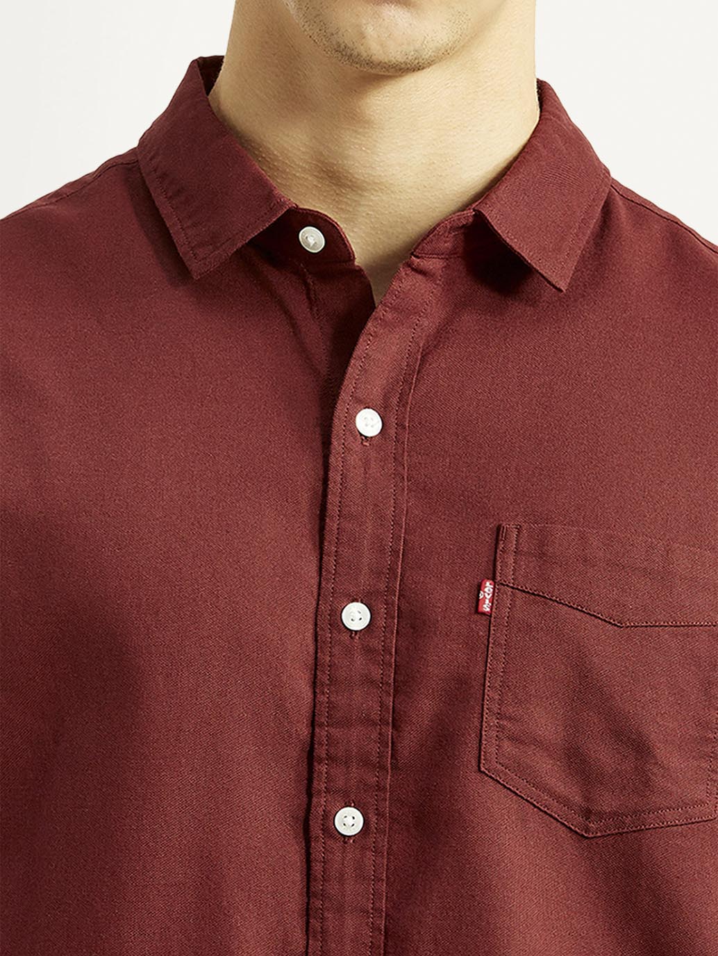 Men's Solid Maroon Slim Fit Oxford Shirt - Detail View