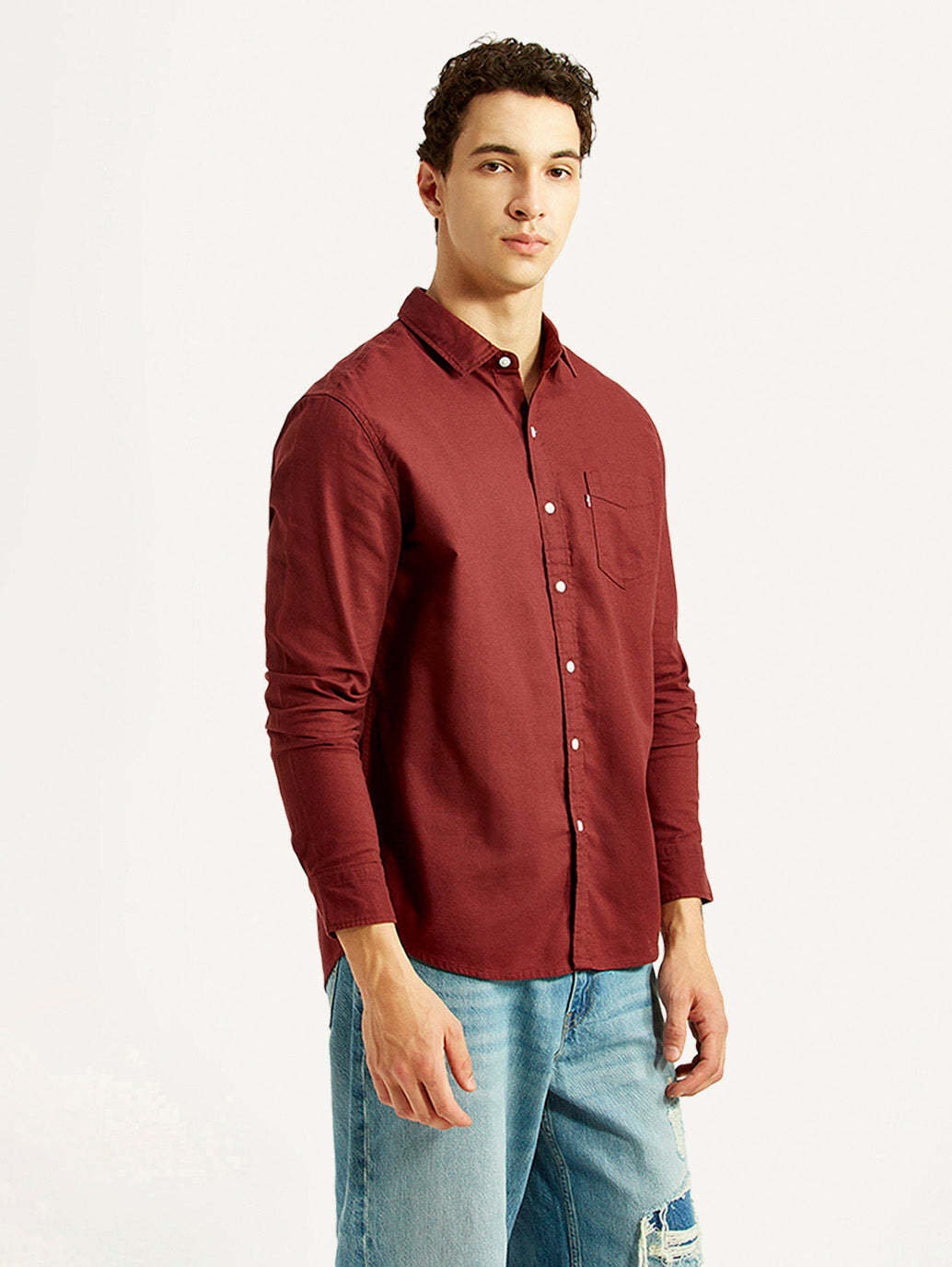 Men's Solid Maroon Slim Fit Oxford Shirt - Side View