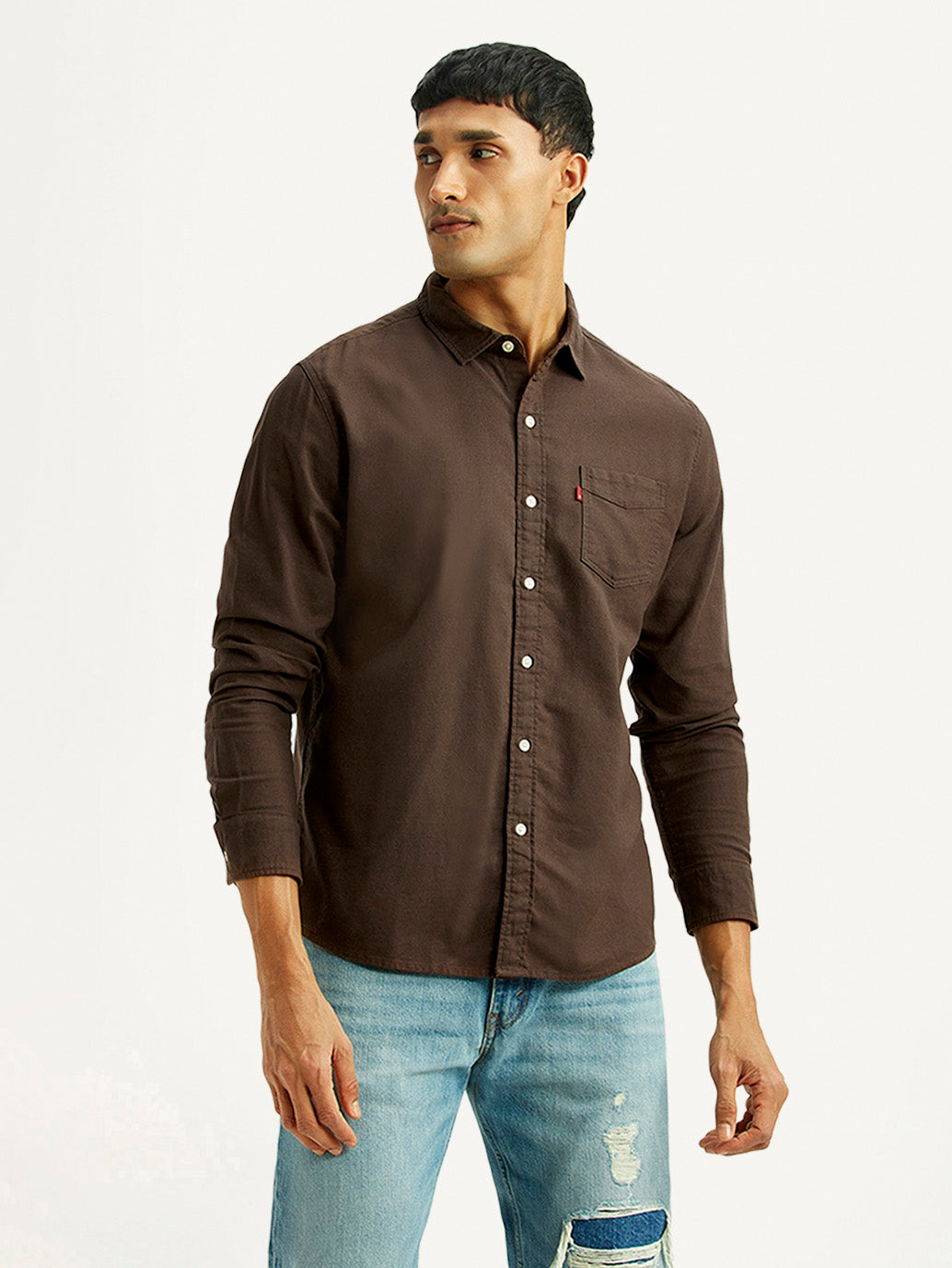 Men's Solid Brown Slim Fit Oxford Shirt