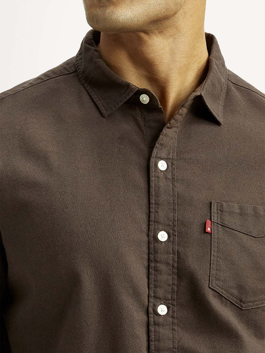 Men's Solid Brown Slim Fit Oxford Shirt - Detail View
