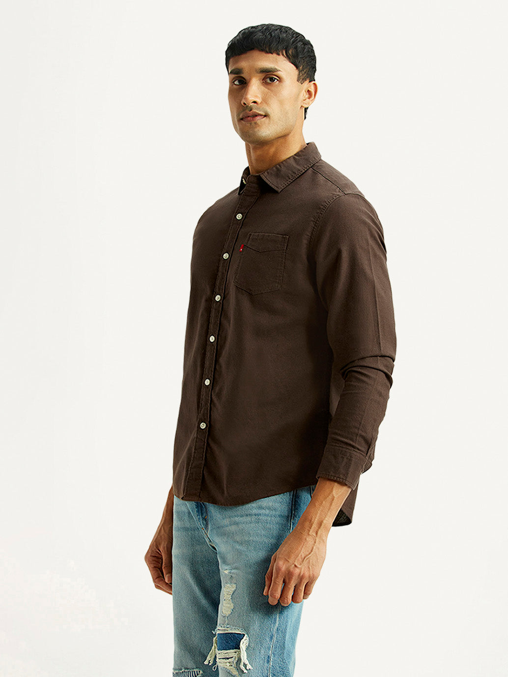 Men's Solid Brown Slim Fit Oxford Shirt - Side View