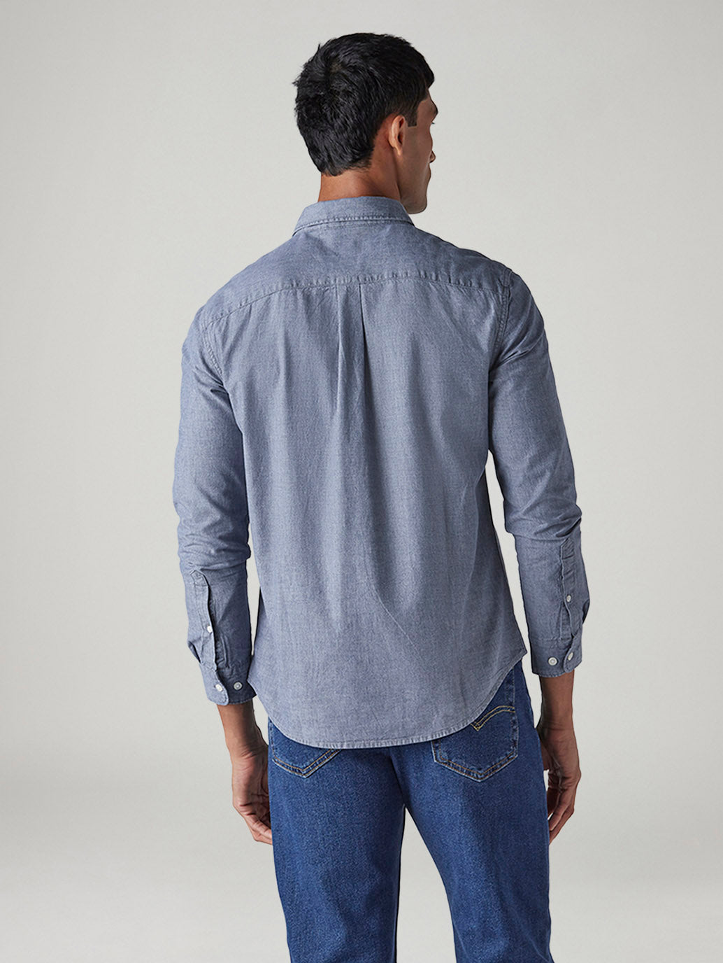 Men's Solid Slim Fit Overdyed Chambray Shirt - Back View