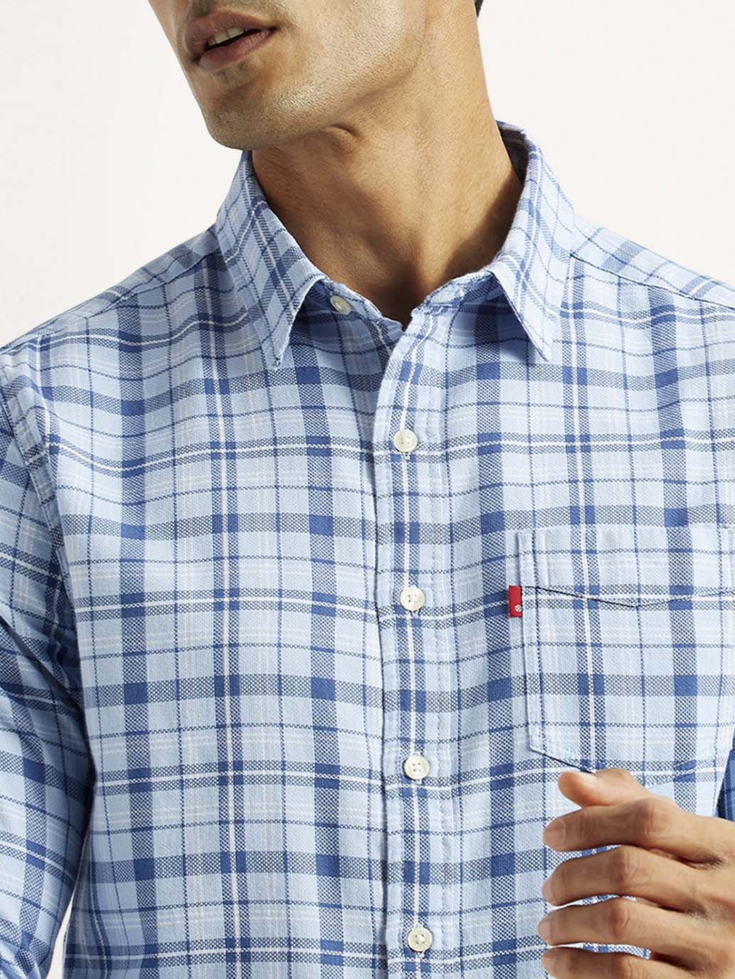 Men's Checkered Blue Slim Fit Shirt - Detail View