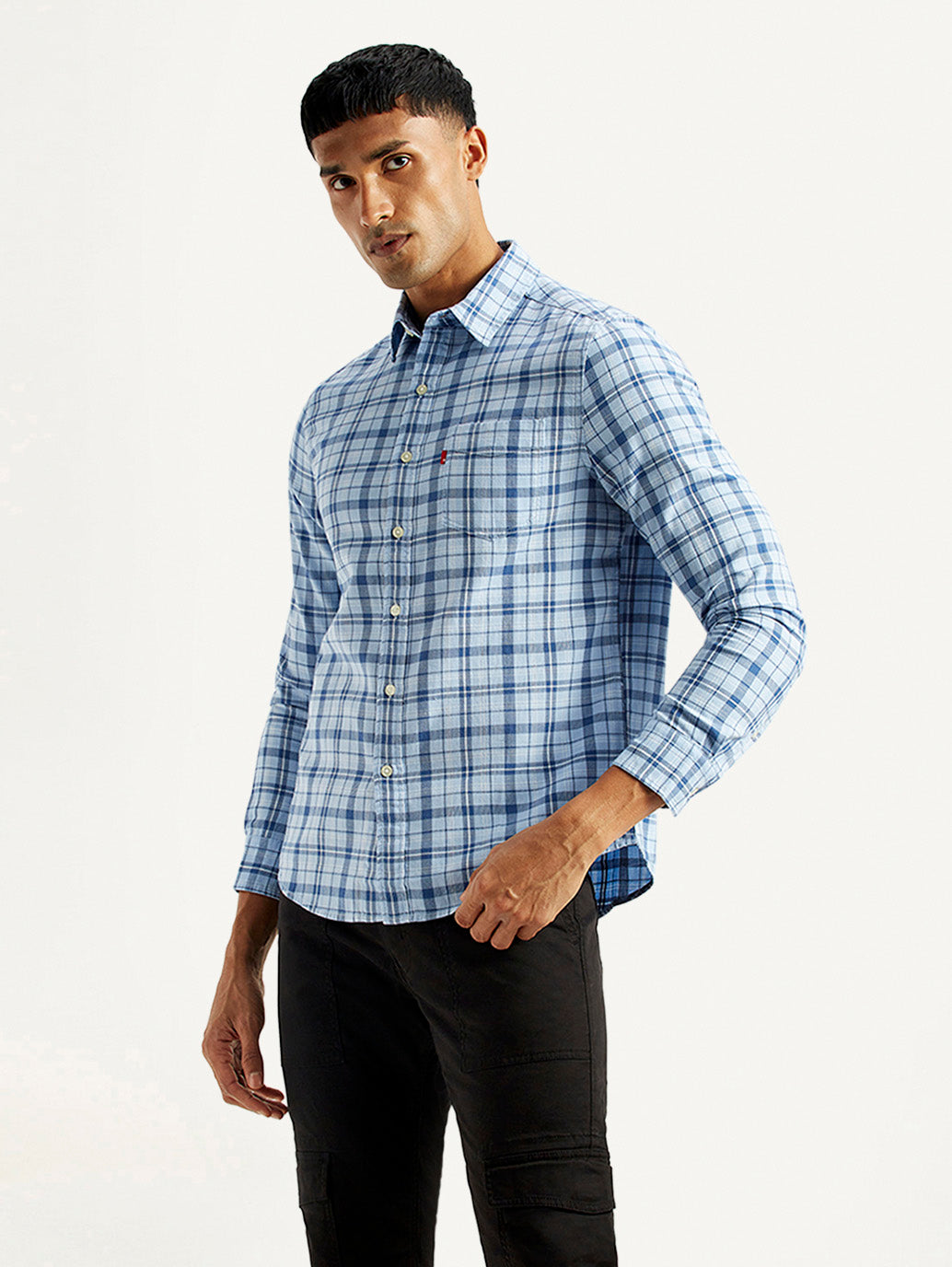 Men's Checkered Blue Slim Fit Shirt - Side View