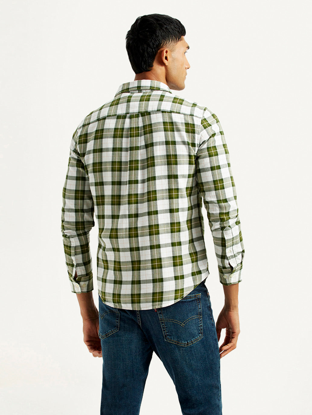 Men's Checkered Olive Slim Fit Shirt - Back View