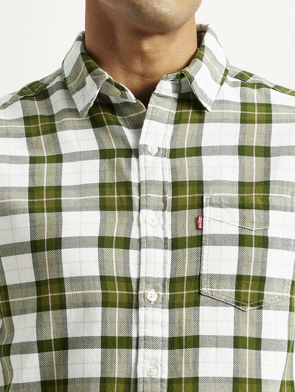 Men's Checkered Olive Slim Fit Shirt - Detail View