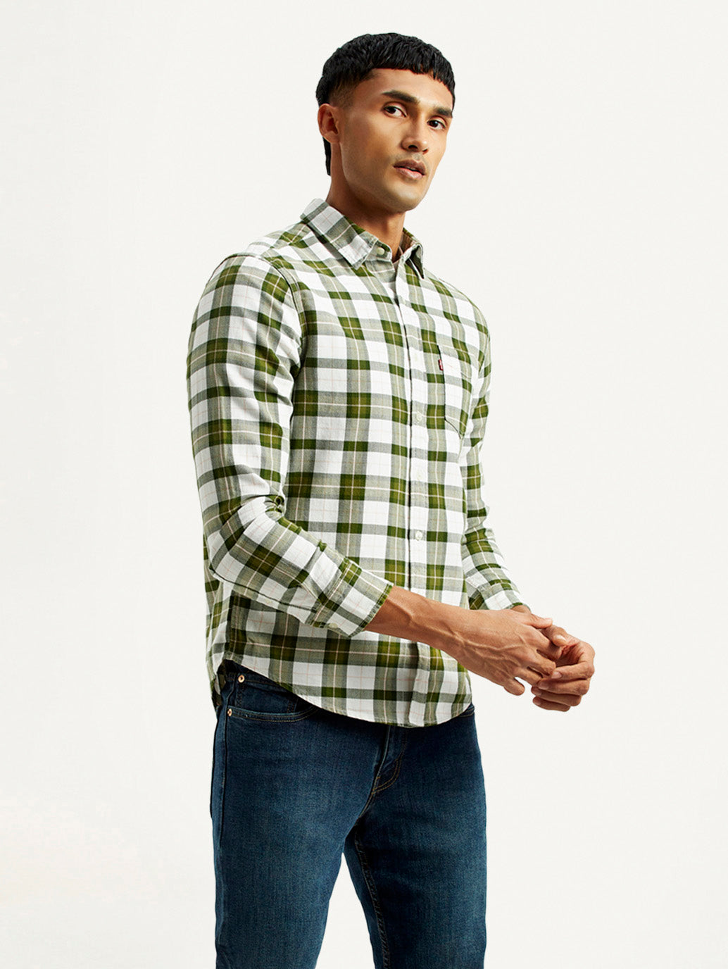 Men's Checkered Olive Slim Fit Shirt - Side View