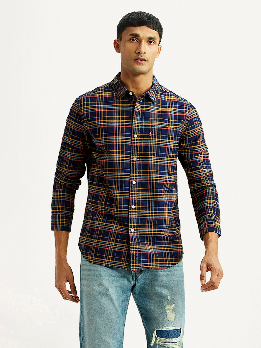 Men's Checkered Indigo Slim Fit Oxford Shirt
