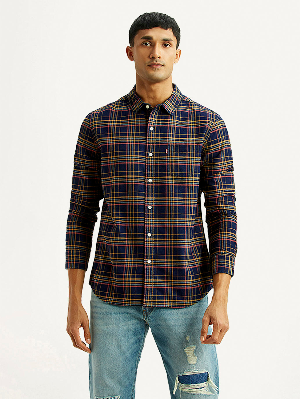 Men's Checkered Indigo Slim Fit Oxford Shirt - Front View