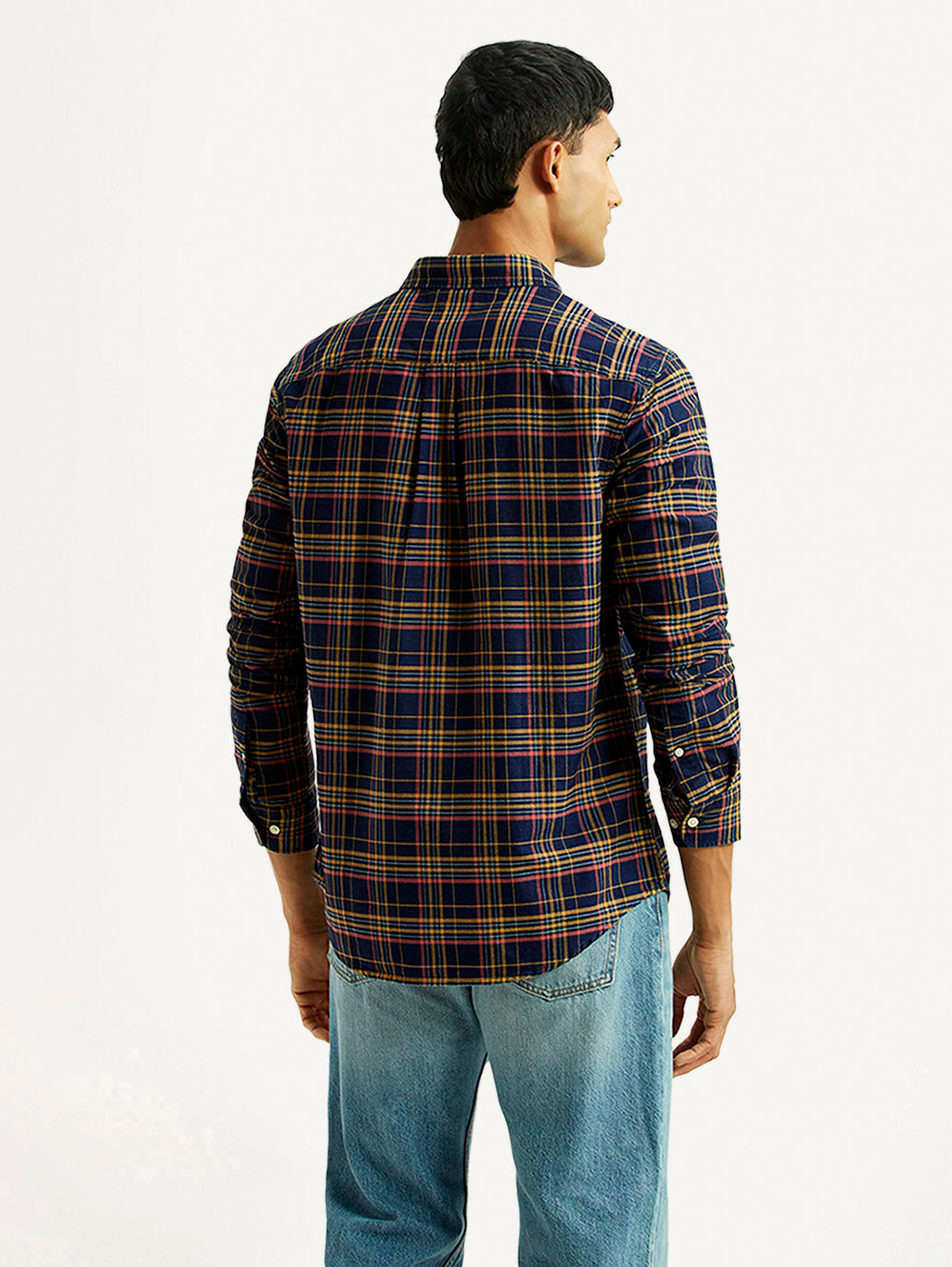 Men's Checkered Indigo Slim Fit Oxford Shirt - Back View