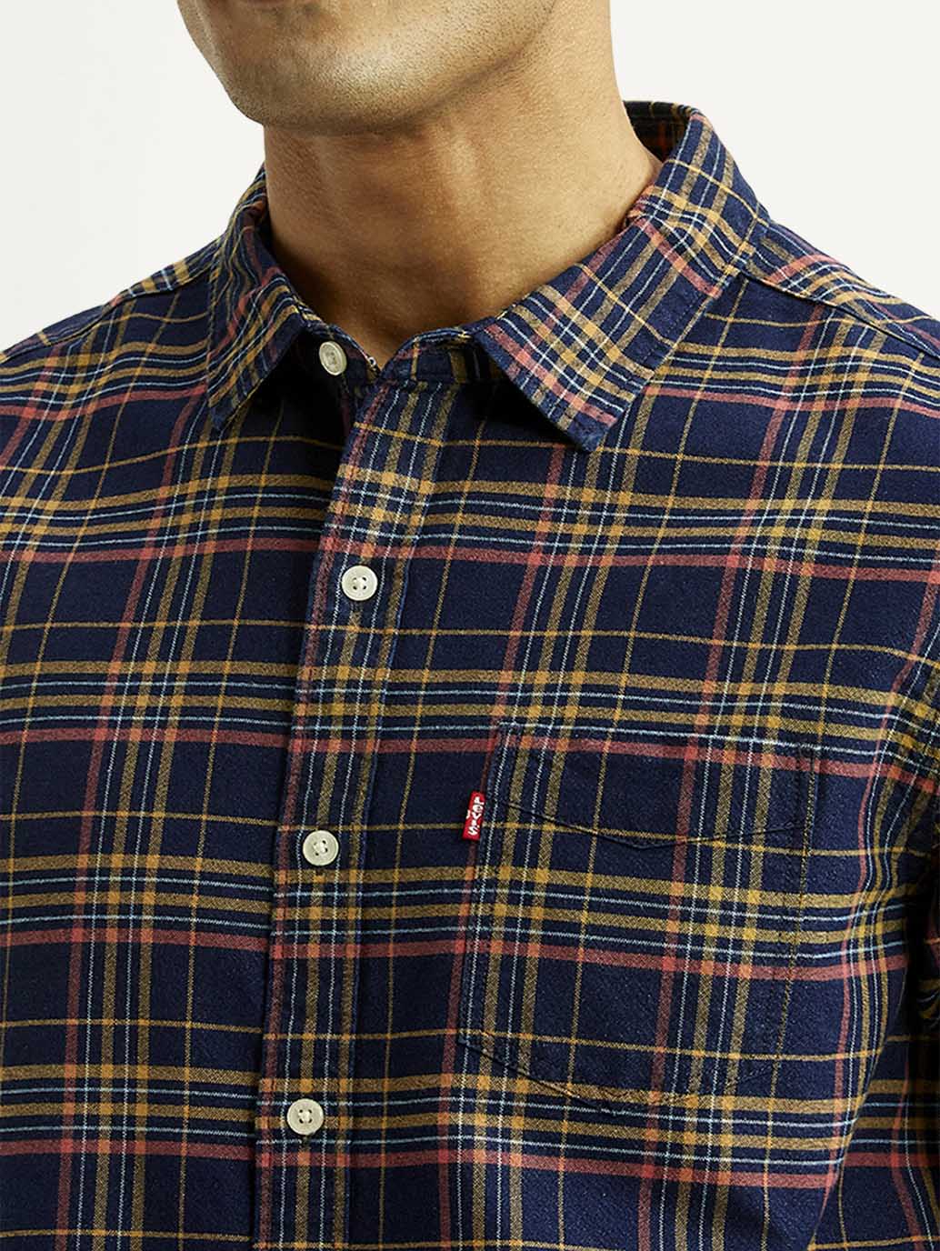 Men's Checkered Indigo Slim Fit Oxford Shirt - Detail View