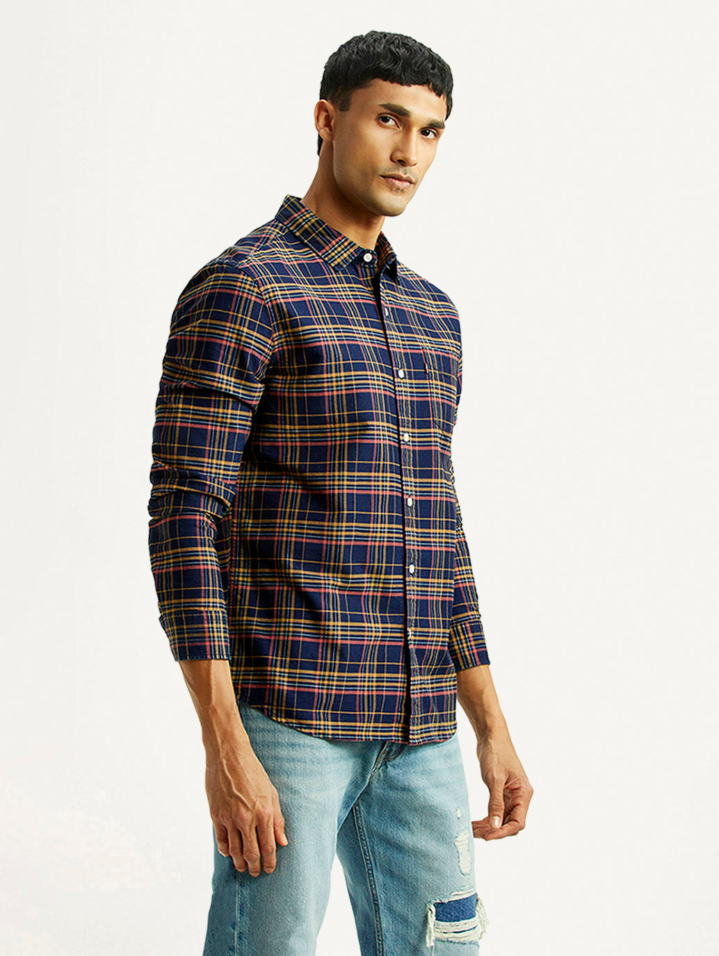 Men's Checkered Indigo Slim Fit Oxford Shirt - Side View