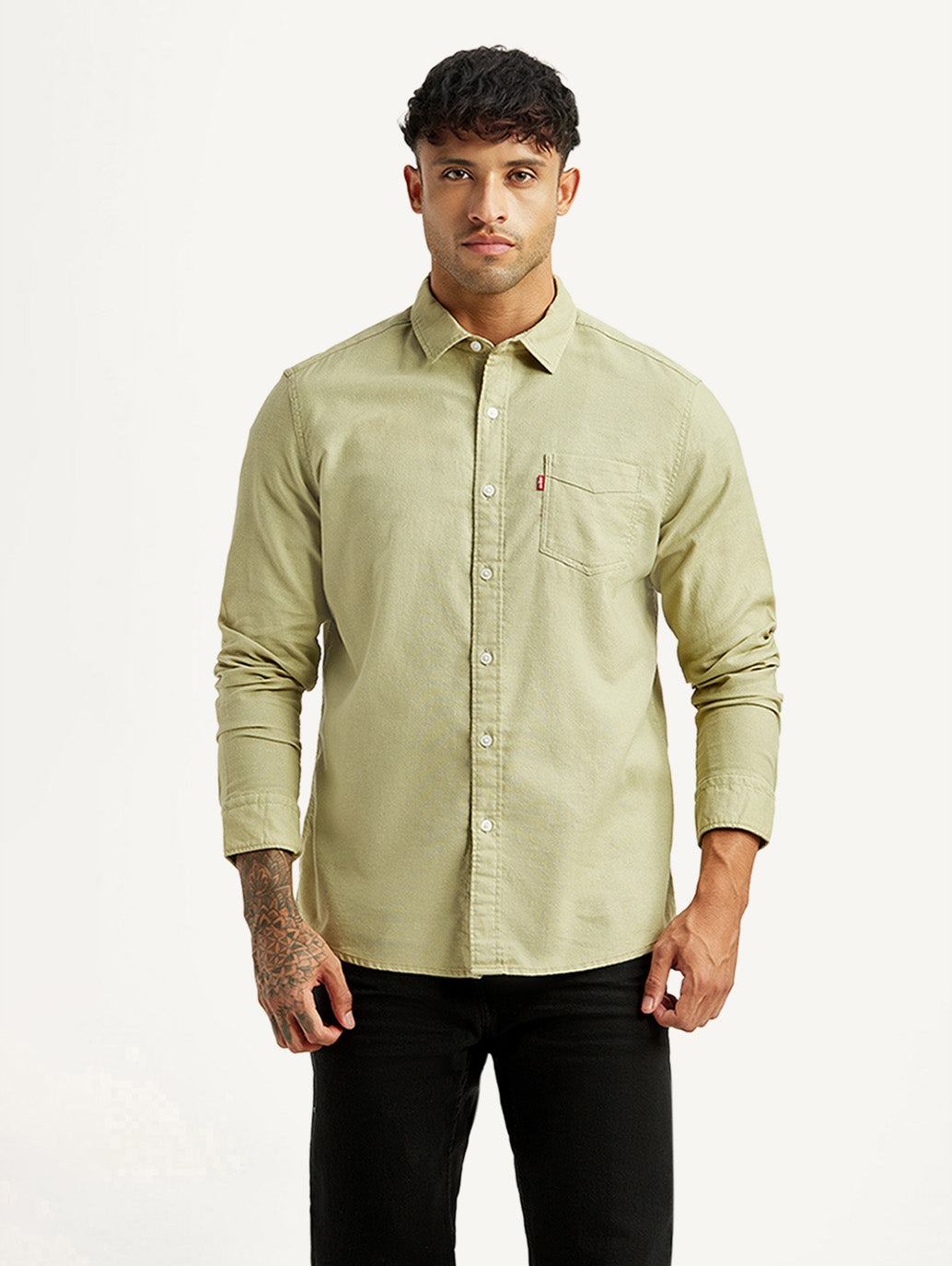 Men's Solid Green Slim Fit Oxford Shirt - Front View