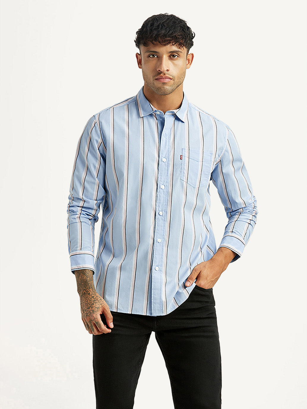 Men's Striped Light Blue Slim Fit Poplin Shirt - Styleshot View