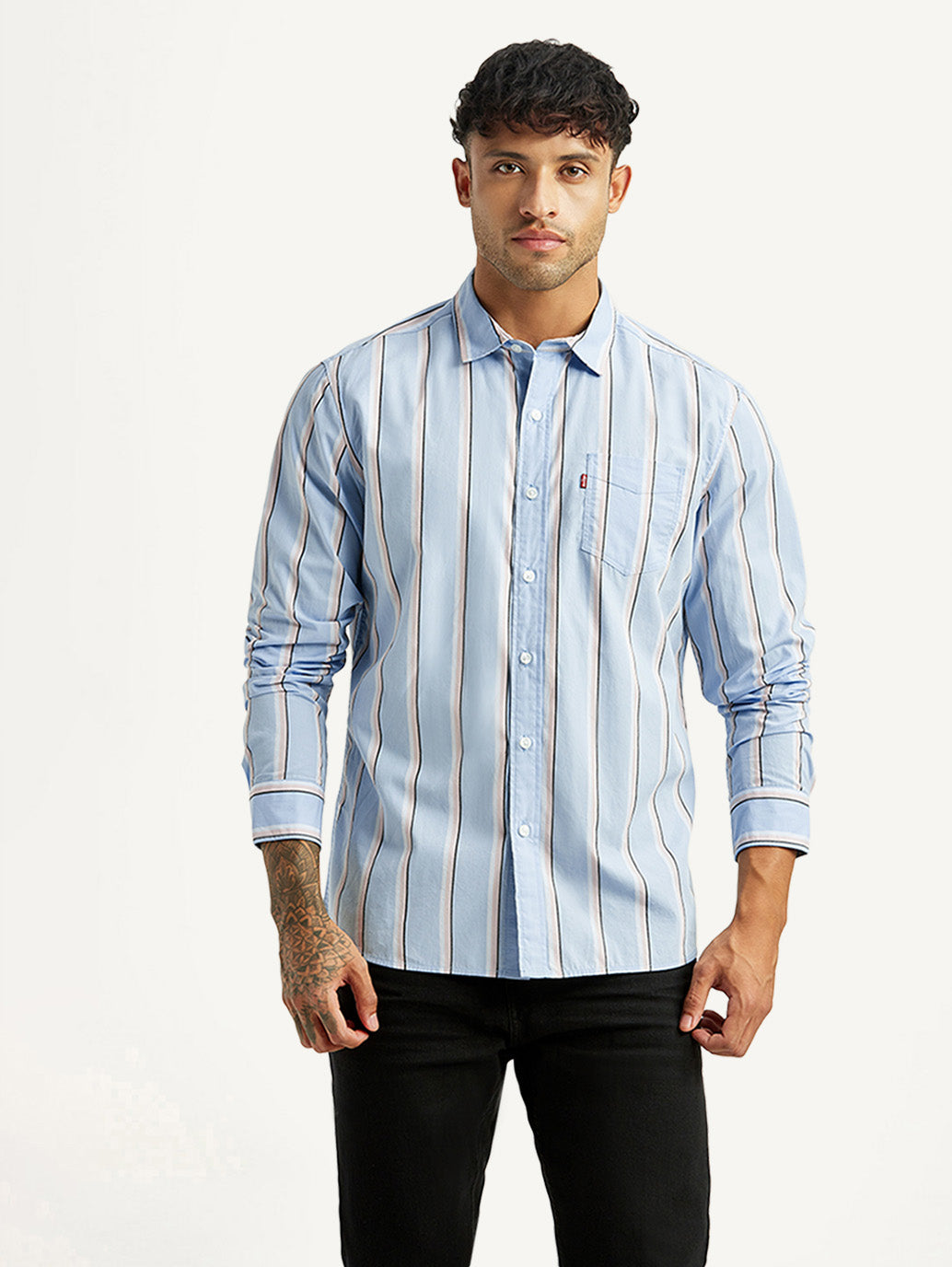 Men's Striped Light Blue Slim Fit Poplin Shirt - Front View