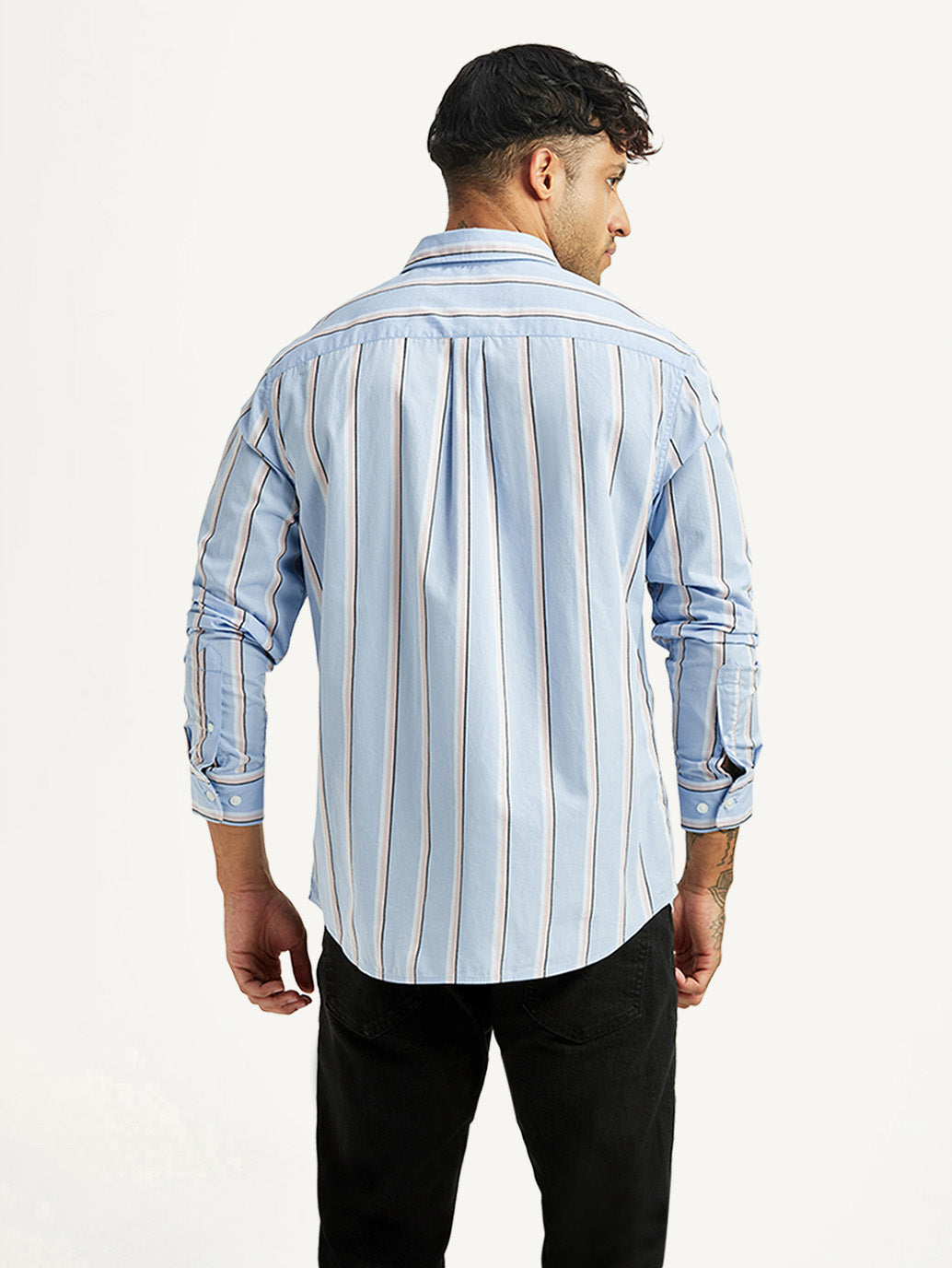 Men's Striped Light Blue Slim Fit Poplin Shirt - Back View