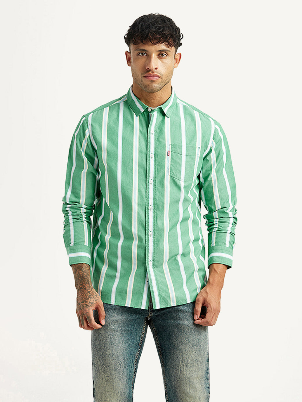 Men's Striped Green Slim Fit Poplin Shirt