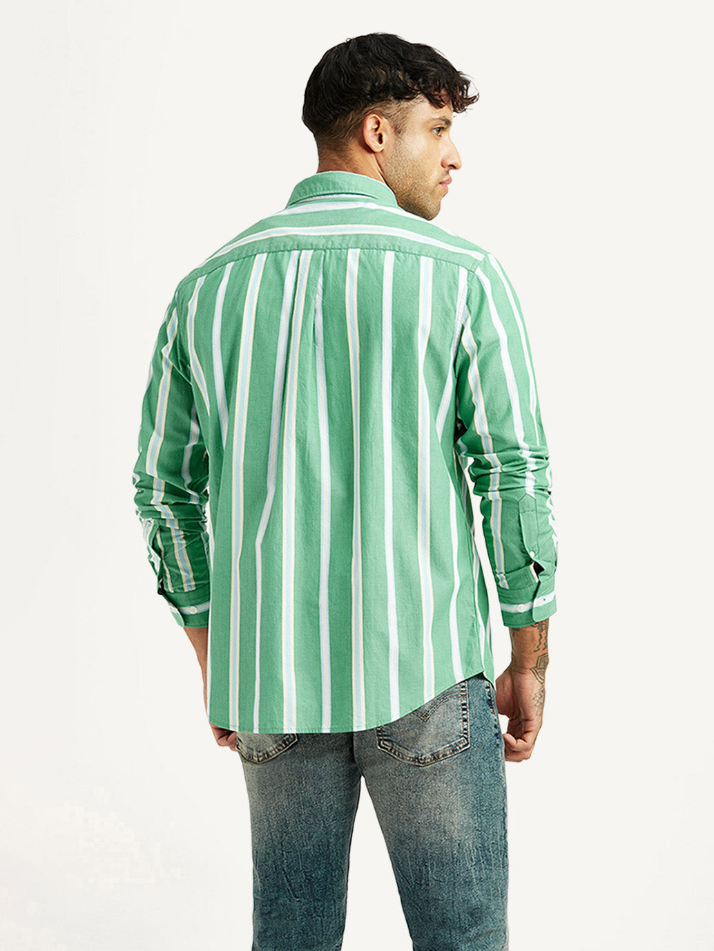 Men's Striped Green Slim Fit Poplin Shirt - Back View