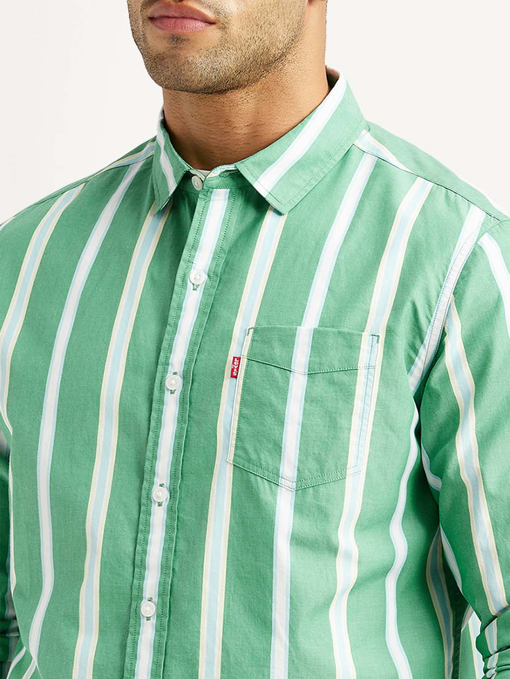 Men's Striped Green Slim Fit Poplin Shirt - Detail View