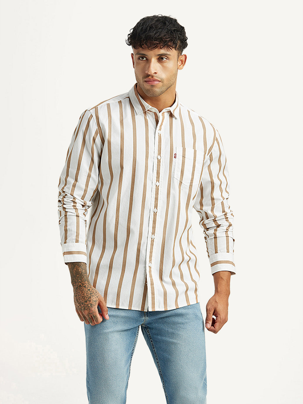 Men's Striped White Slim Fit Poplin Shirt - Front View