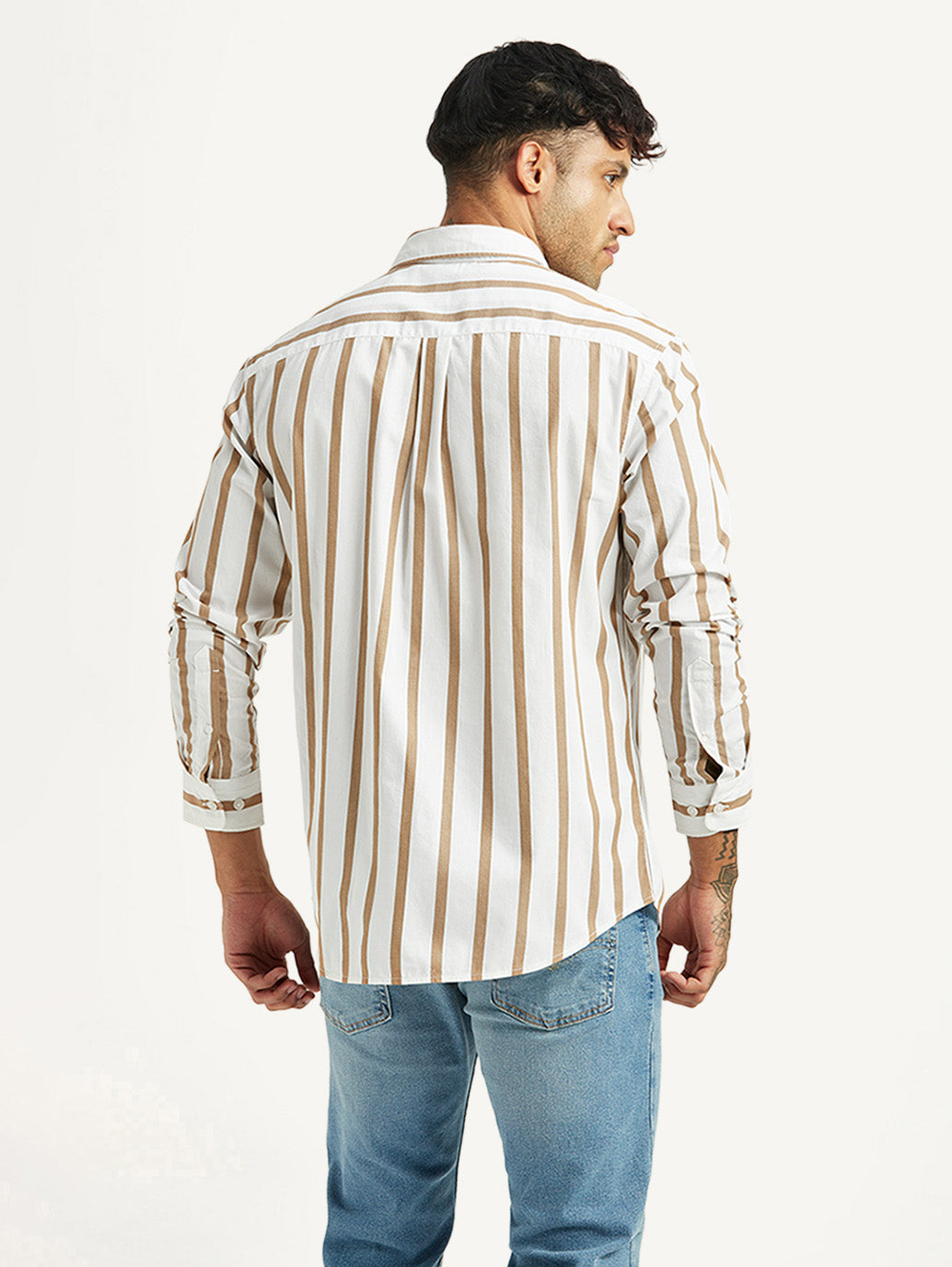 Men's Striped White Slim Fit Poplin Shirt - Back View