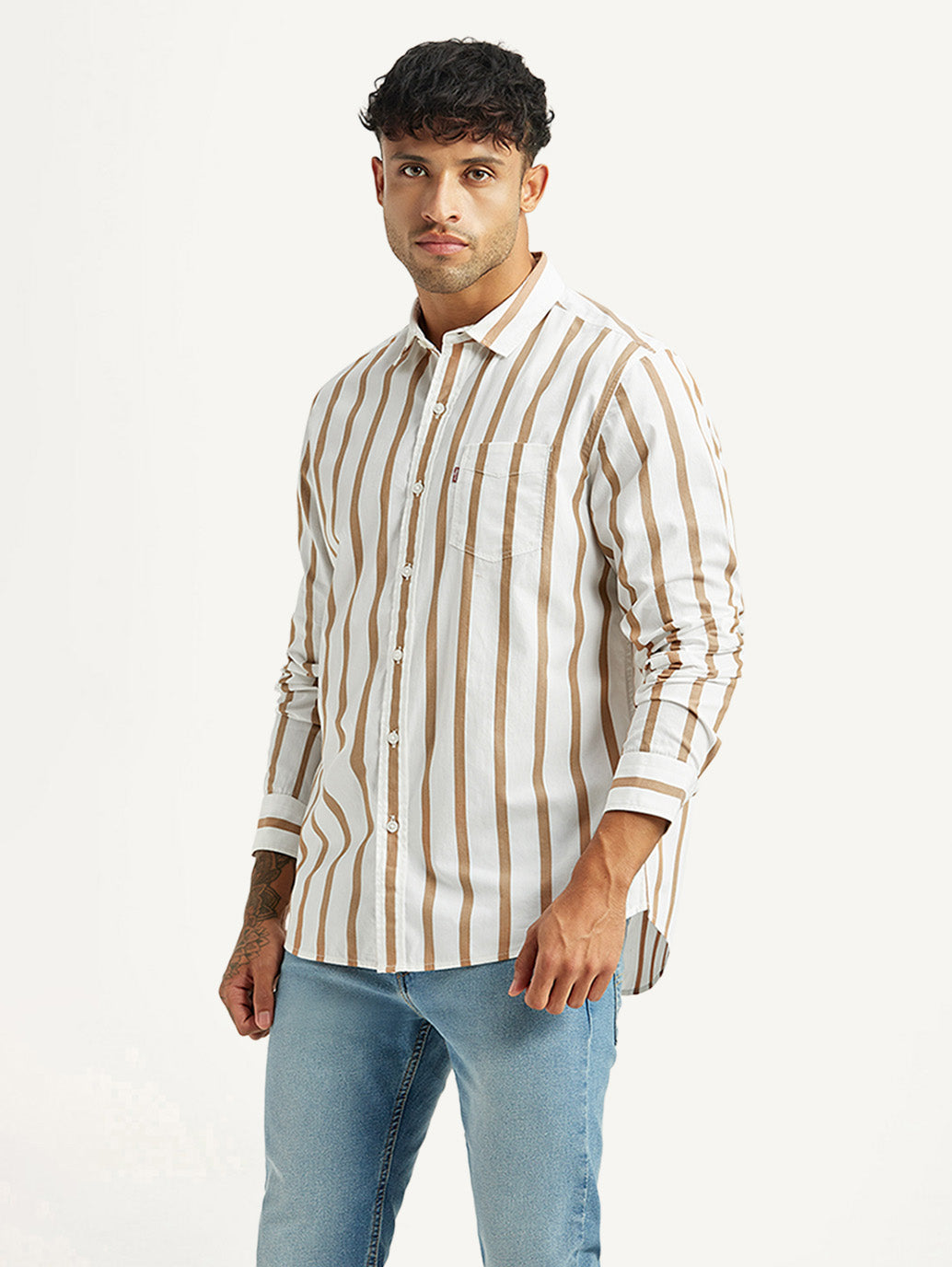 Men's Striped White Slim Fit Poplin Shirt - Side View
