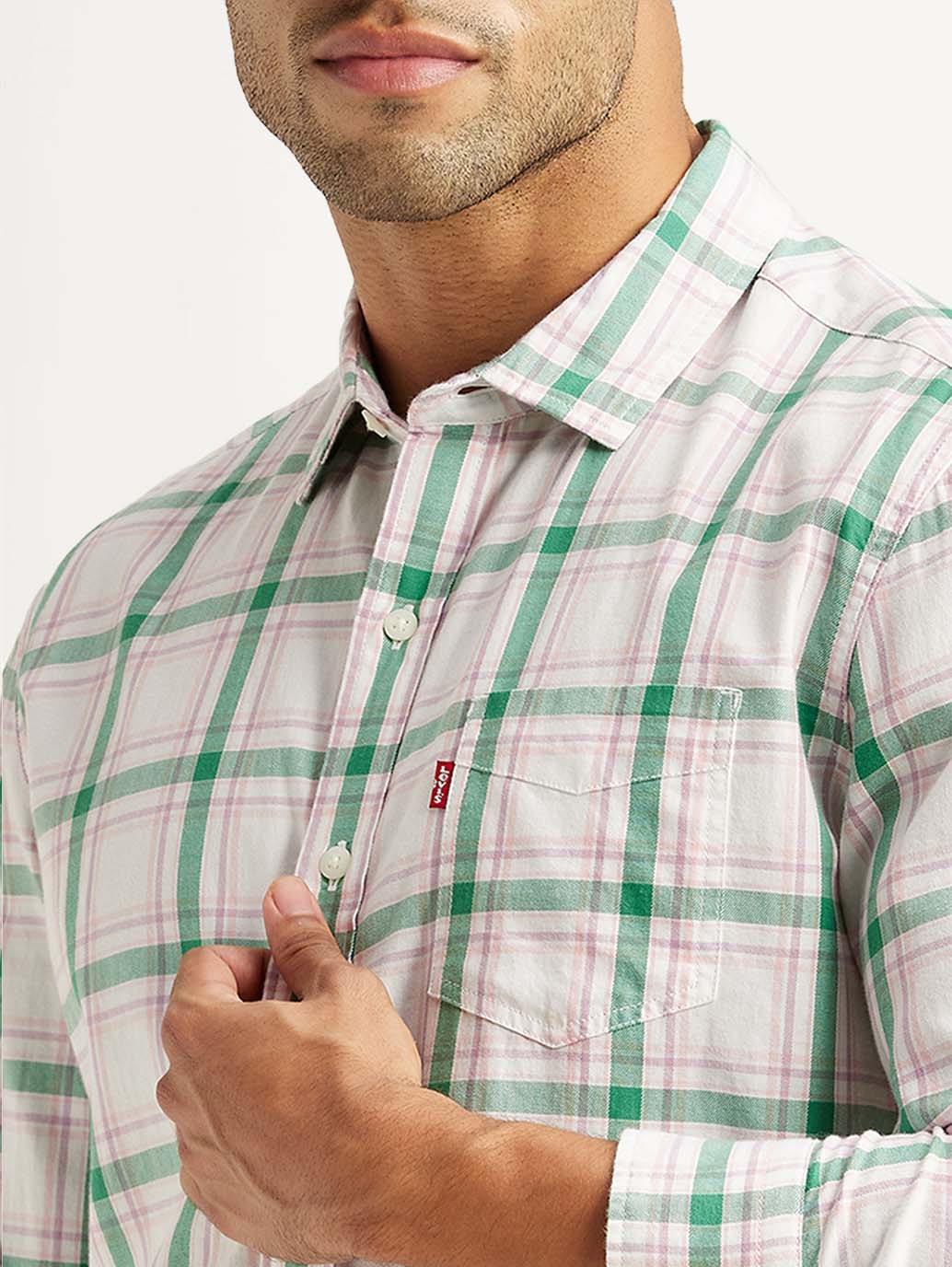 Men's Checkered White Slim Fit Shirt - Detail View