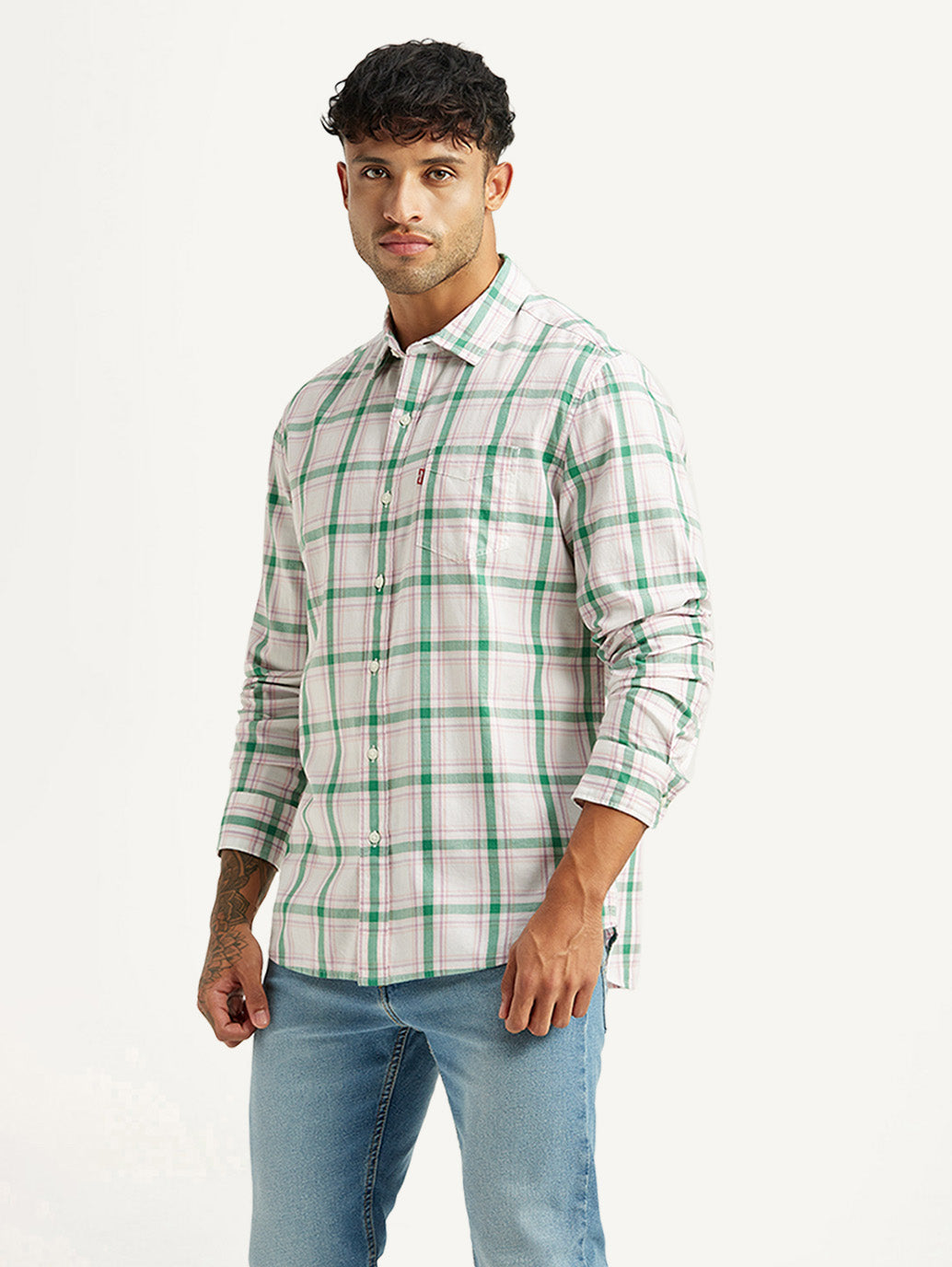Men's Checkered White Slim Fit Shirt - Side View