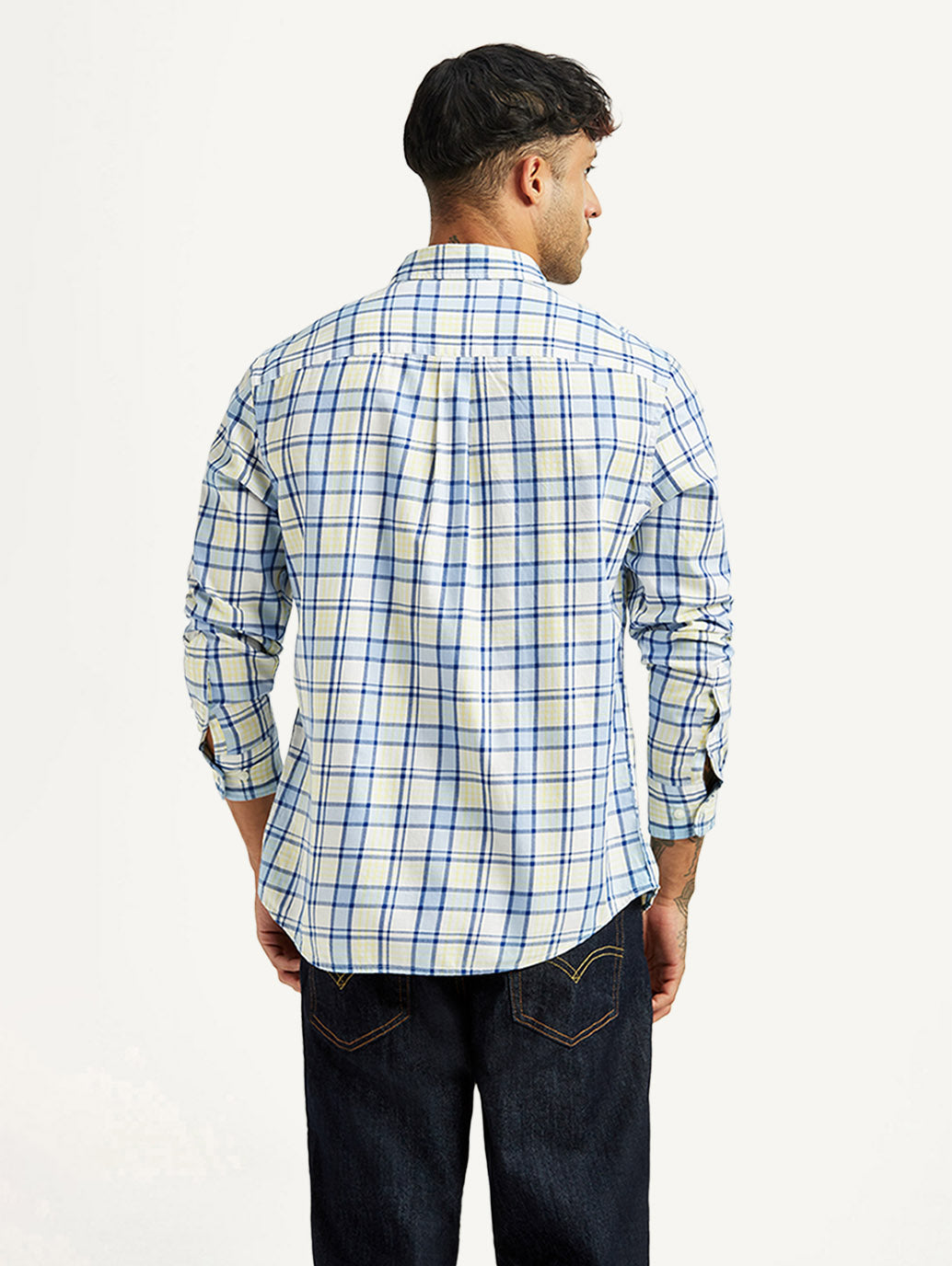 Men's Checkered Blue Slim Fit Shirt - Back View