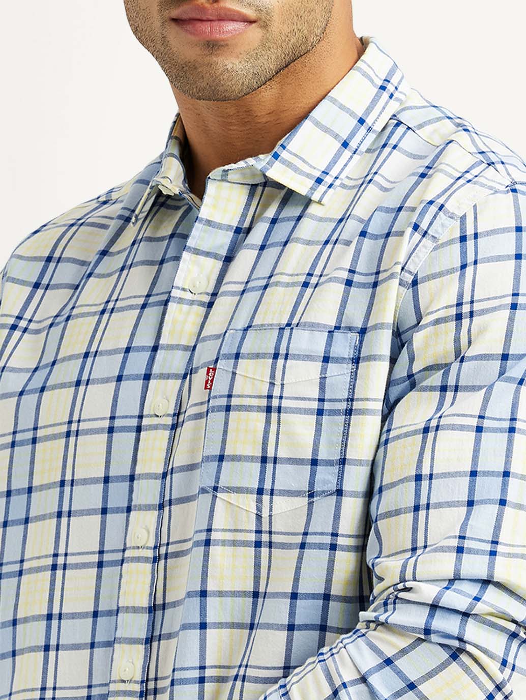 Men's Checkered Blue Slim Fit Shirt - Detail View